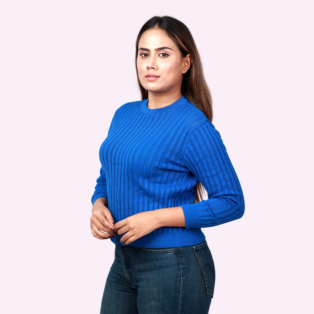 Blue Round Neck Pointelle Structured 3/4 Sleeves Exclusive Special Edition Crop Top