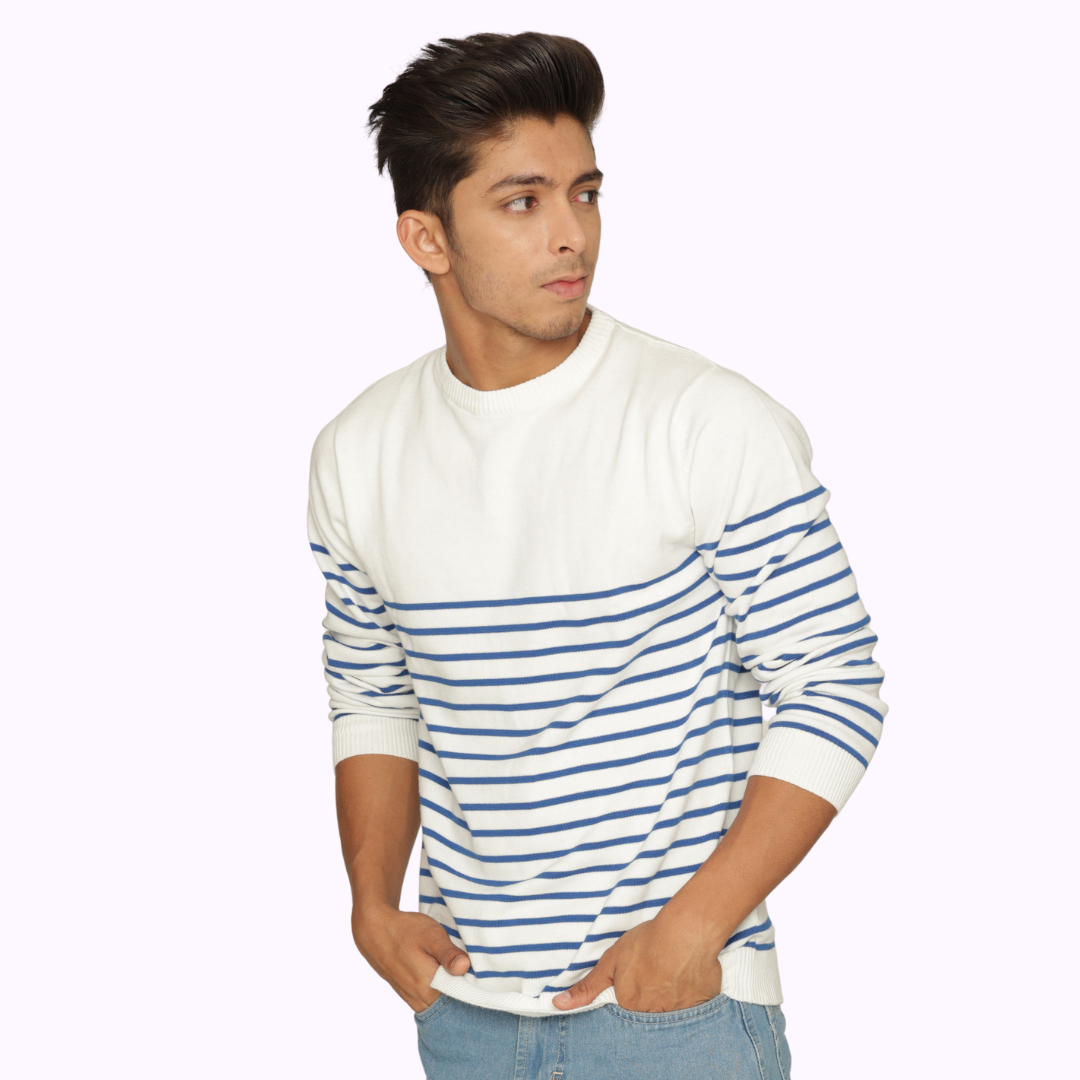 OFF WHITE BLUE STRIPED PREMIUM COTTON FULL SLEEVES T-SHIRT