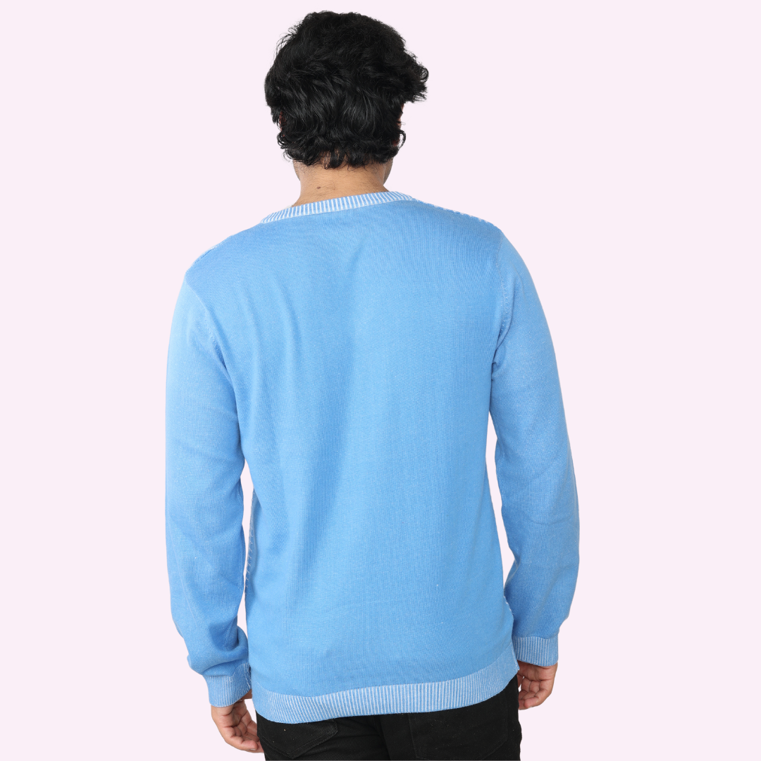Blue & White Premium Cotton Denim-Look Knitted Long Sleeves T-Shirt