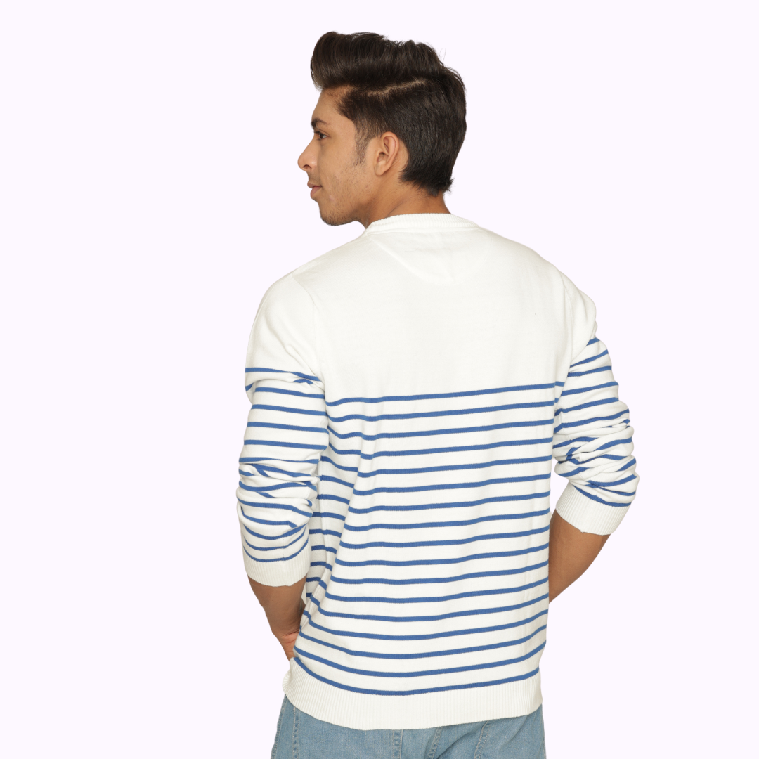 OFF WHITE BLUE STRIPED PREMIUM COTTON FULL SLEEVES T-SHIRT