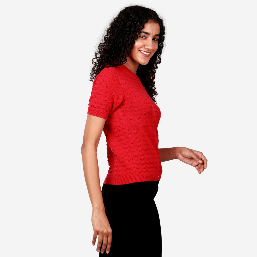 Red Pointelle Half Sleeves Knitted Top – Exclusive Special Edition