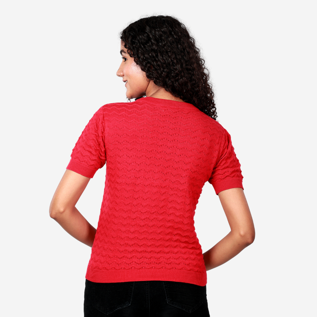 Red Pointelle Half Sleeves Knitted Top – Exclusive Special Edition